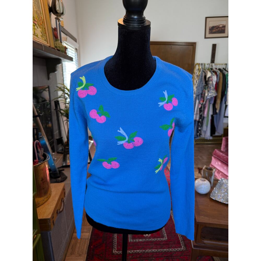 90s Nordstrom Point of View Blue Cherry Embroidered Sweater